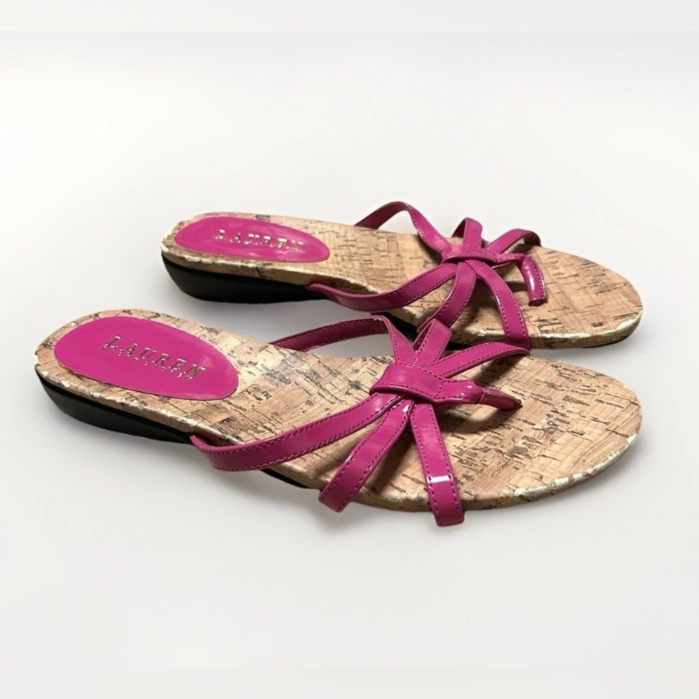 Lauren Ralph Lauren Sandals Pink Patent Wedge Cork Slip On Kassie Women 8.5B